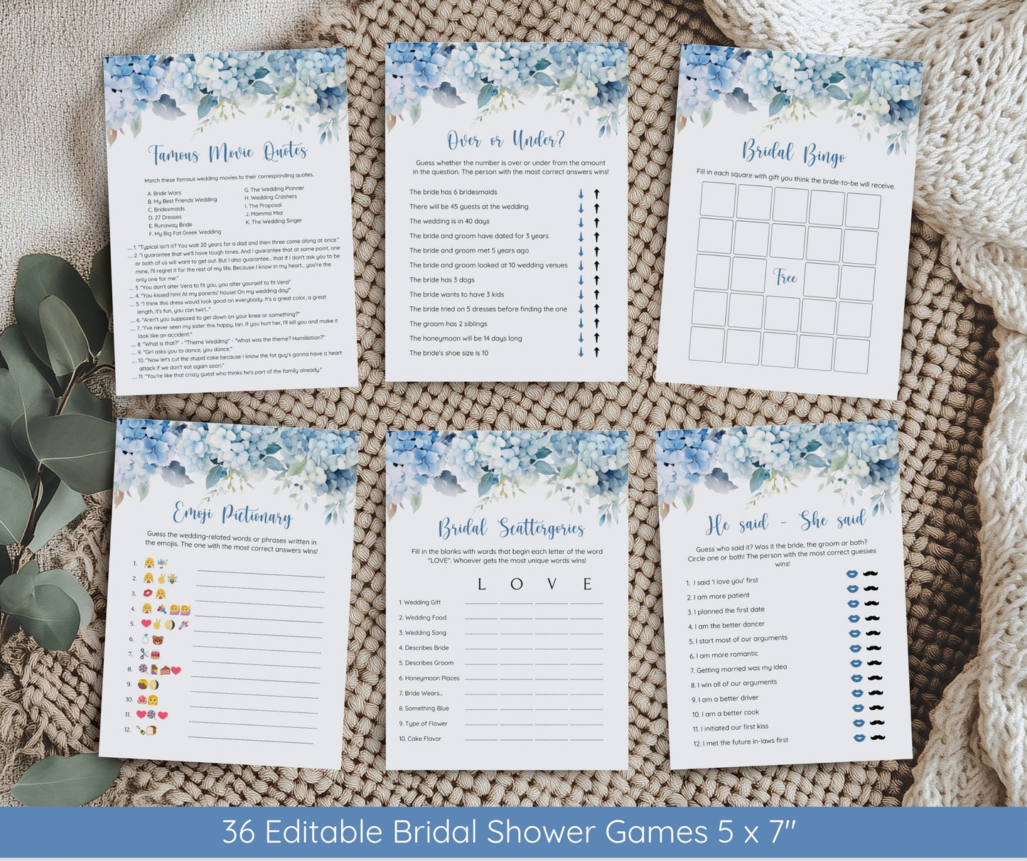 Something Blue Before I Do Bridal Shower Bundle | Blue Hydrangea Wedding Shower Invitation | Editable Bridal Games & Decor | Instant Download