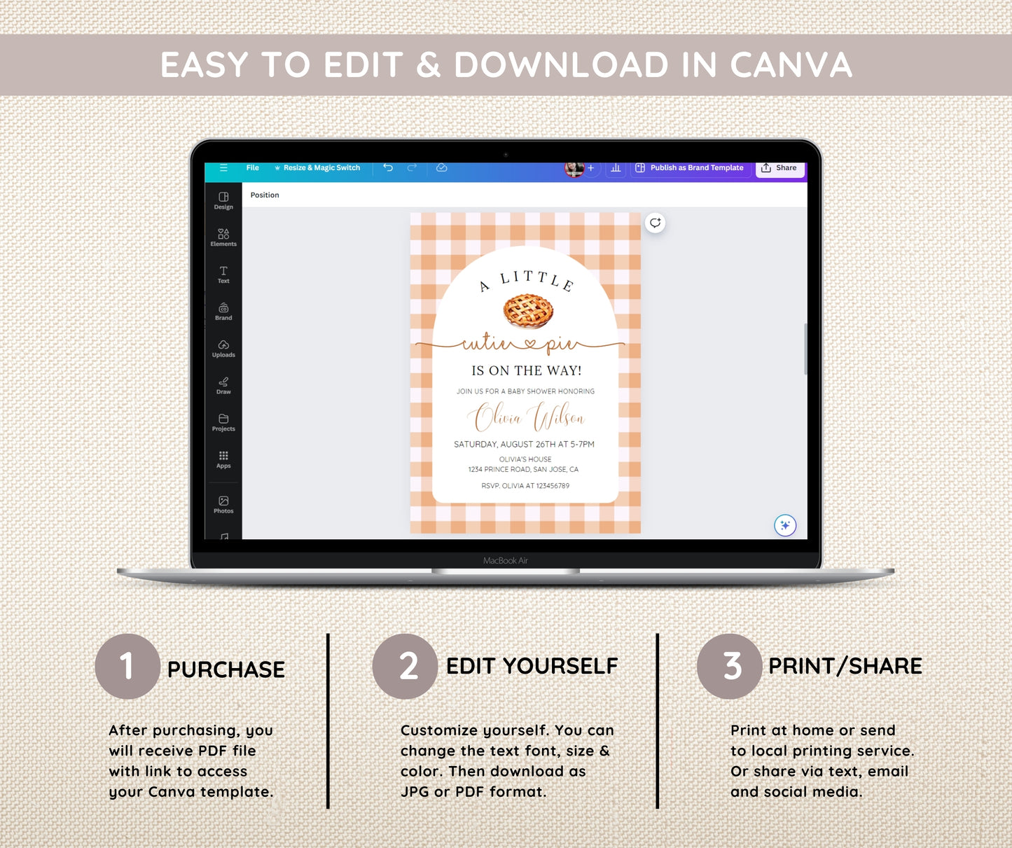 Cutie Pie Baby Shower Bundle, Fall Baby Shower Invitation & Games, Orange Gingham Baking Theme, Gender Neutral, Editable Canva Template