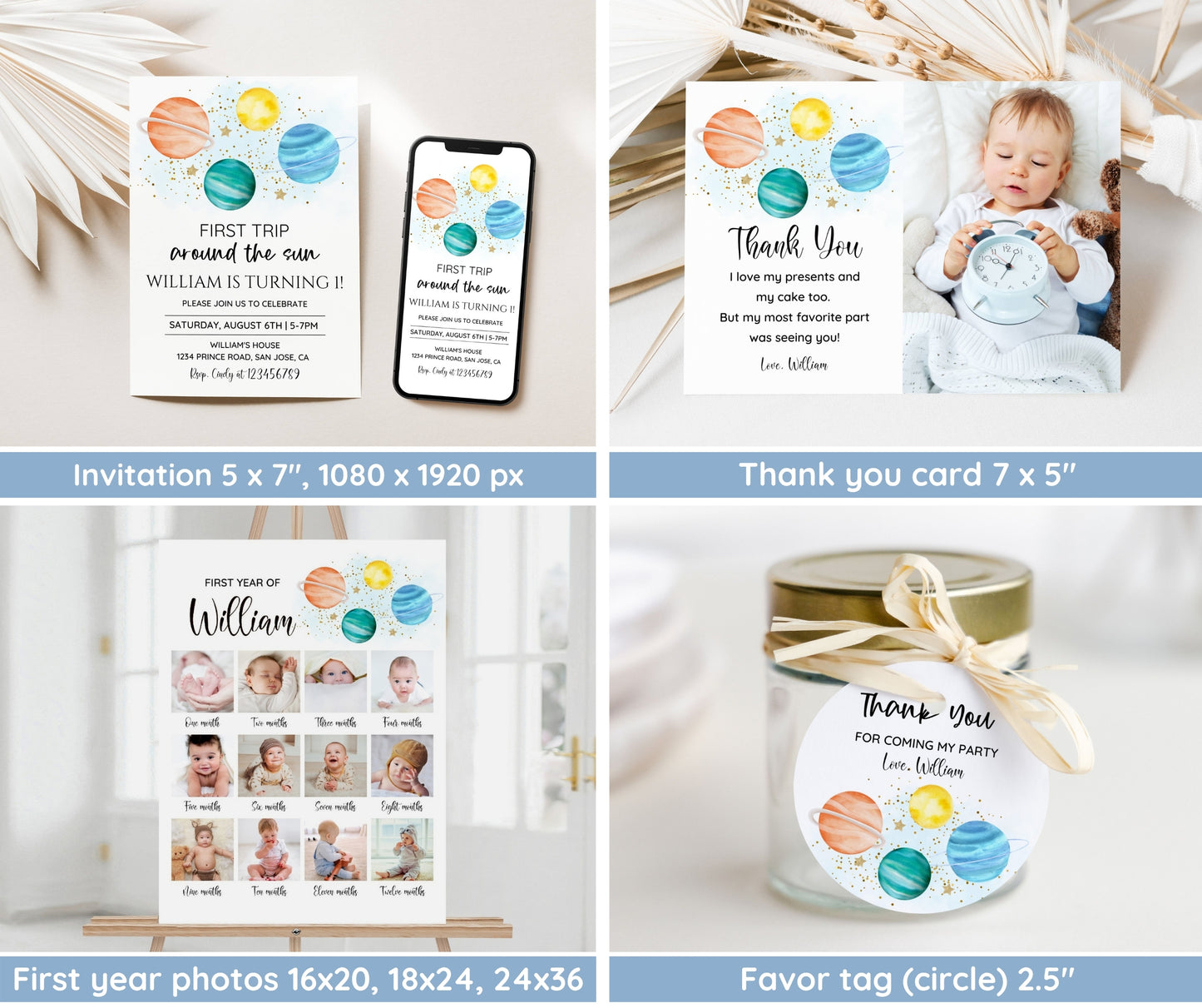 First Trip Around The Sun Birthday Invitation Bundle, Editable Space Invitation 1st Birthday, Space Birthday Decoration, First Birthday Boy