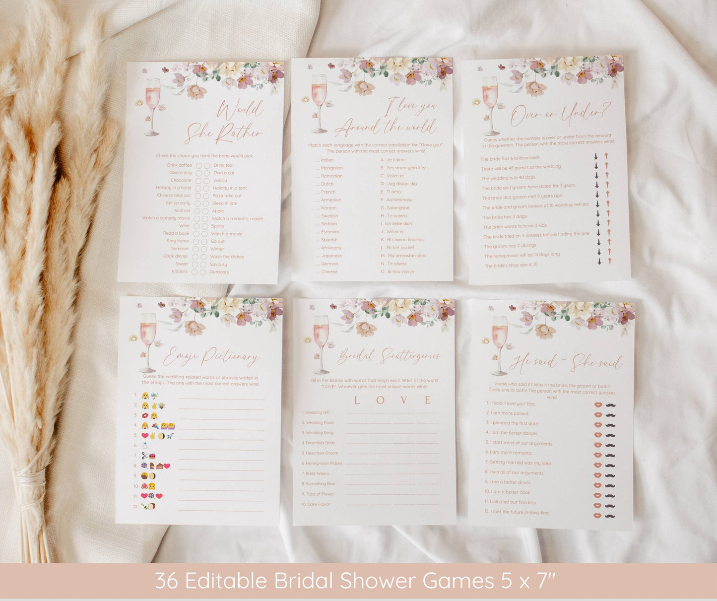 Petals and Prosecco Bridal Shower Invitation Bundle | Editable Pink Floral Bridal Shower Template | Welcome Sign, Game Pack | Instant Download