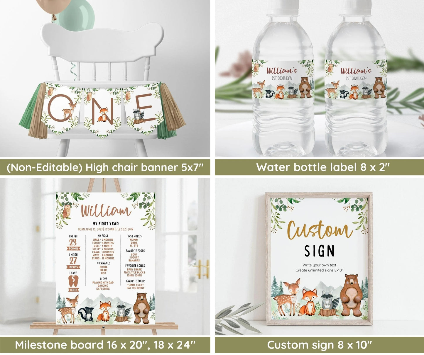 Woodland First Birthday Invitation Bundle, Wild One Birthday, Woodland Animal Invite Set, Forest Invitation EDITABLE, Welcome, Milestone