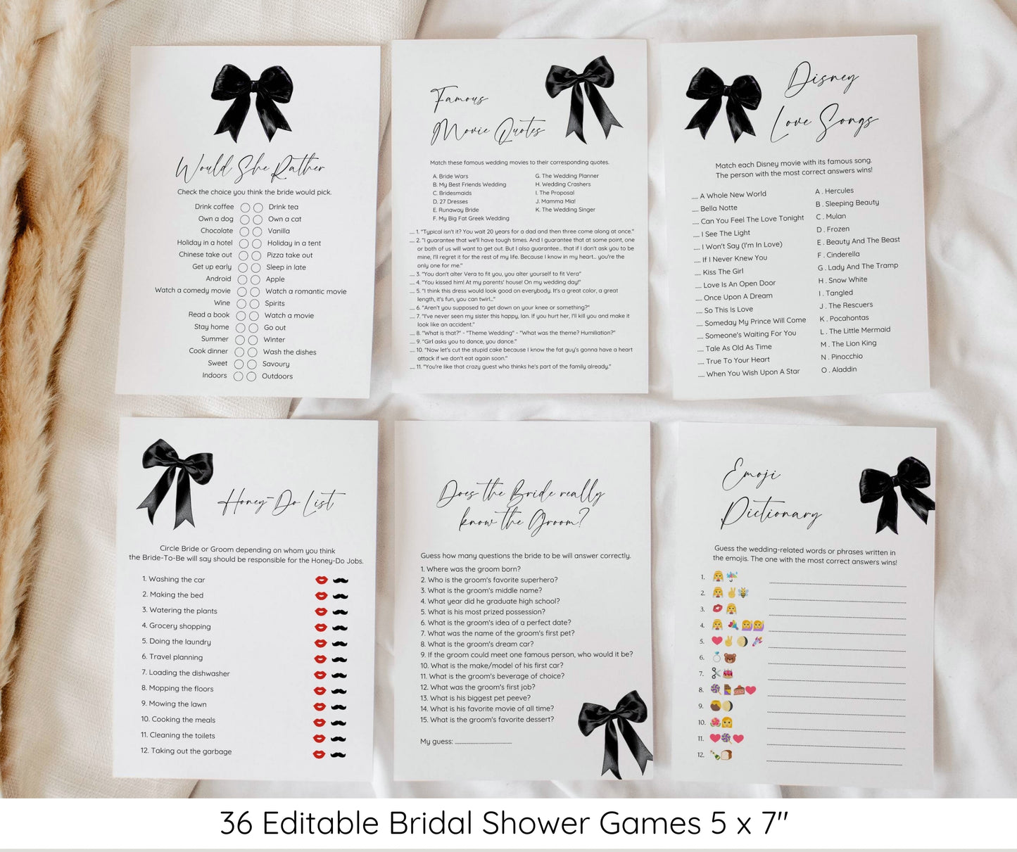 She's Tying The Knot Bridal Shower Bundle, Modern Black Bow Bridal Invitation & Games, Minimal Wedding Shower Set, Editable Canva Template