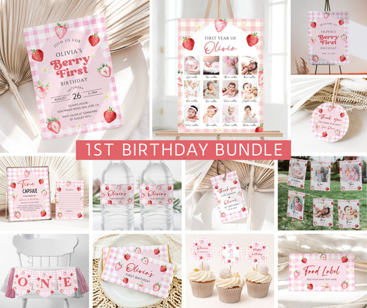 Pink Gingham Berry First Birthday Invitation Bundle, Strawberry 1st Birthday Invite Set, Berry Birthday Decor, 1st Birthday Girl, Editable