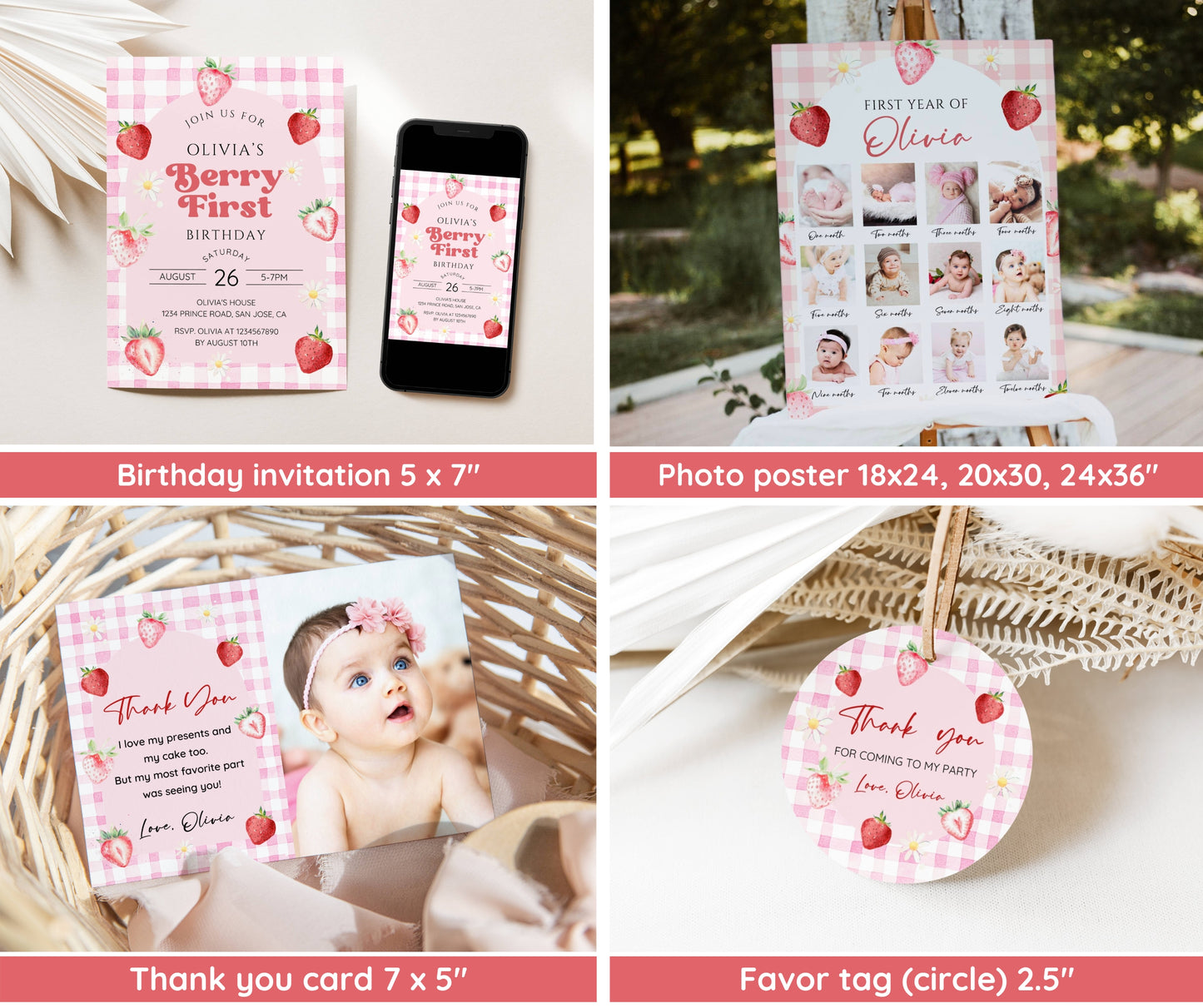 Pink Gingham Berry First Birthday Invitation Bundle, Strawberry 1st Birthday Invite Set, Berry Birthday Decor, 1st Birthday Girl, Editable