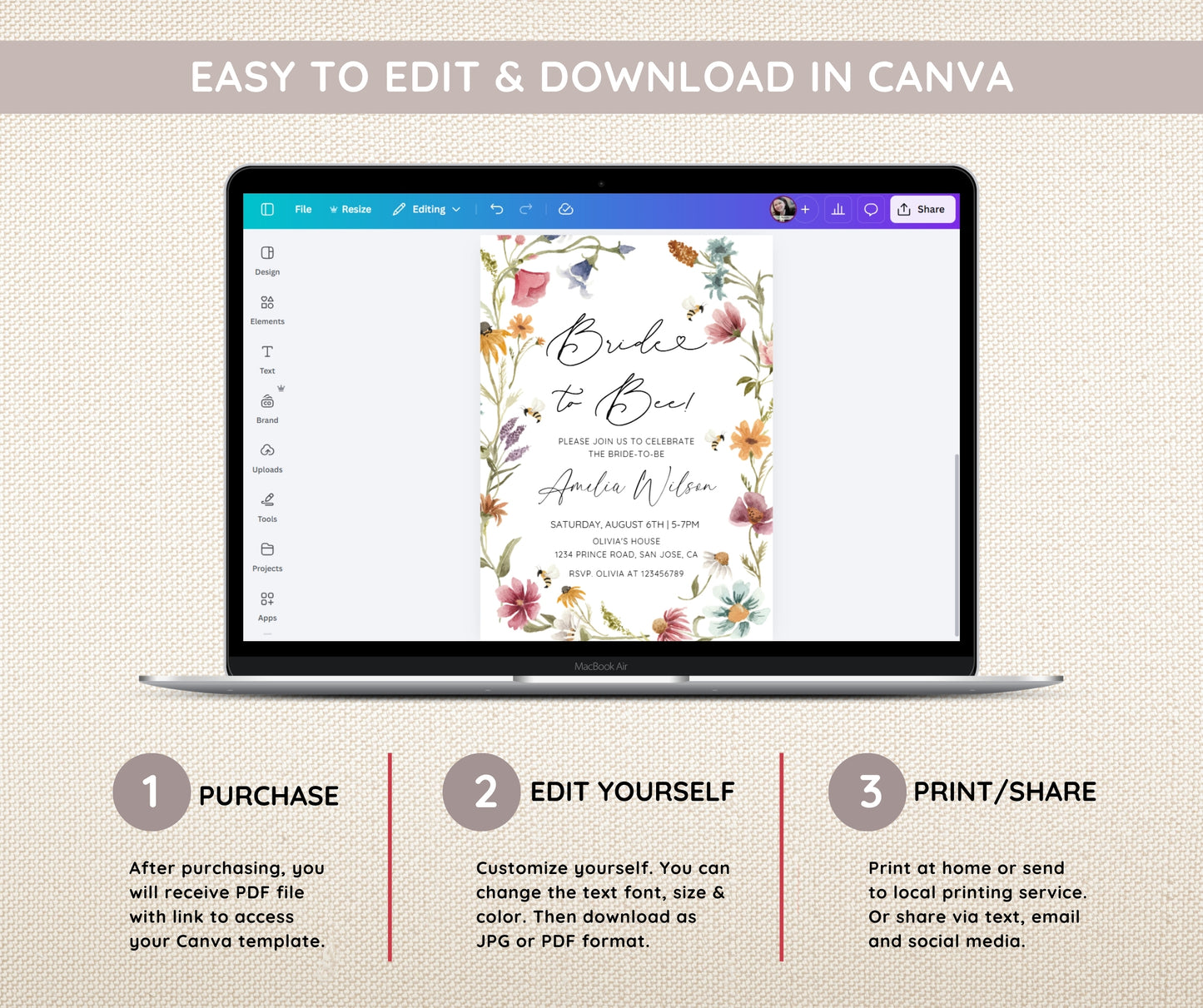 Bride to Bee Bridal Shower Bundle, Wildflower Bee Bridal Shower Invitation & Games Bundle, Summer Bridal Shower, Editable Canva Template