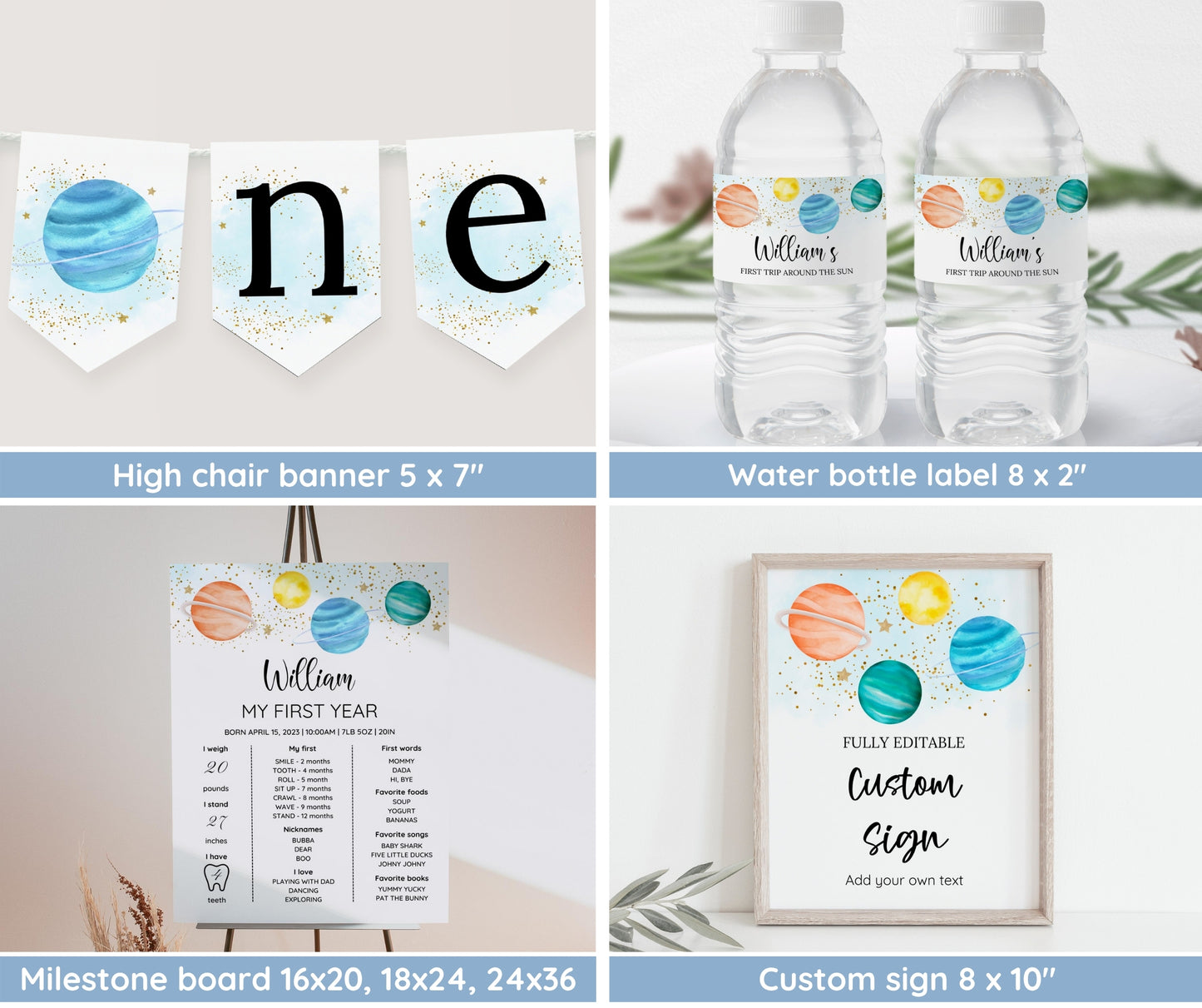 First Trip Around The Sun Birthday Invitation Bundle, Editable Space Invitation 1st Birthday, Space Birthday Decoration, First Birthday Boy