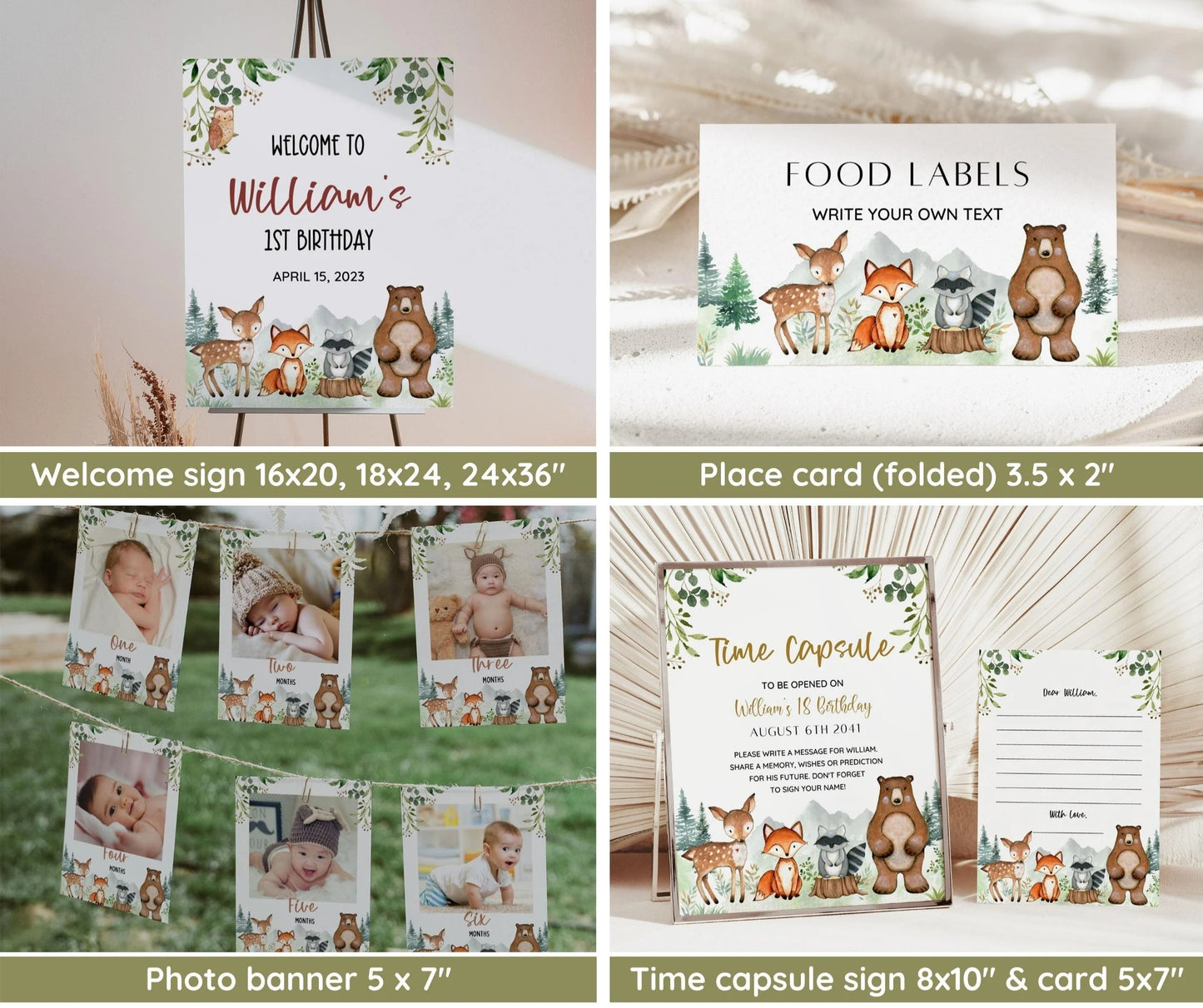 Woodland First Birthday Invitation Bundle, Wild One Birthday, Woodland Animal Invite Set, Forest Invitation EDITABLE, Welcome, Milestone