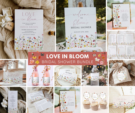 Love in Bloom Bridal Shower Invitation Bundle, Colorful Wildflower Wedding Shower Invite Template, Bridal Games Signs & Decor, Editable