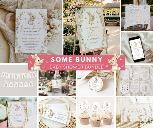 Some Bunny Baby Shower Bundle, Bunny Baby Shower Invitation Bundle, Rabbit Baby Shower Invite, Games, Welcome Sign, Decor, Editable Template
