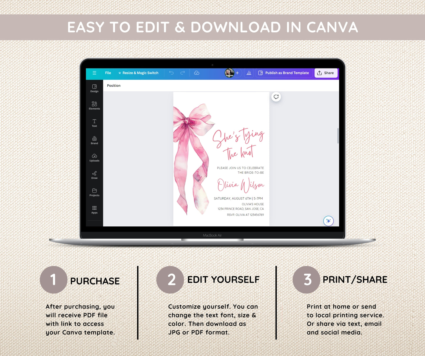 Pink Bow Bridal Shower Invitation Bundle | She's Tying the Knot | Editable Bridal Shower Invite Template, Welcome Sign, Games & Decor | Canva Instant Download