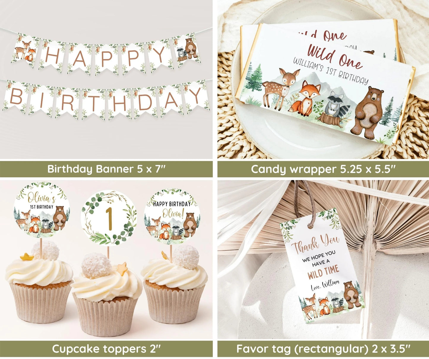 Woodland First Birthday Invitation Bundle, Wild One Birthday, Woodland Animal Invite Set, Forest Invitation EDITABLE, Welcome, Milestone