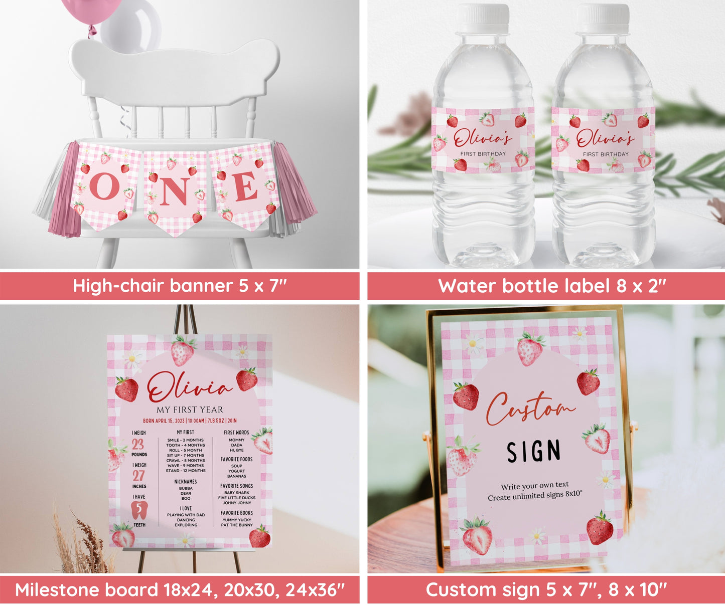 Pink Gingham Berry First Birthday Invitation Bundle, Strawberry 1st Birthday Invite Set, Berry Birthday Decor, 1st Birthday Girl, Editable