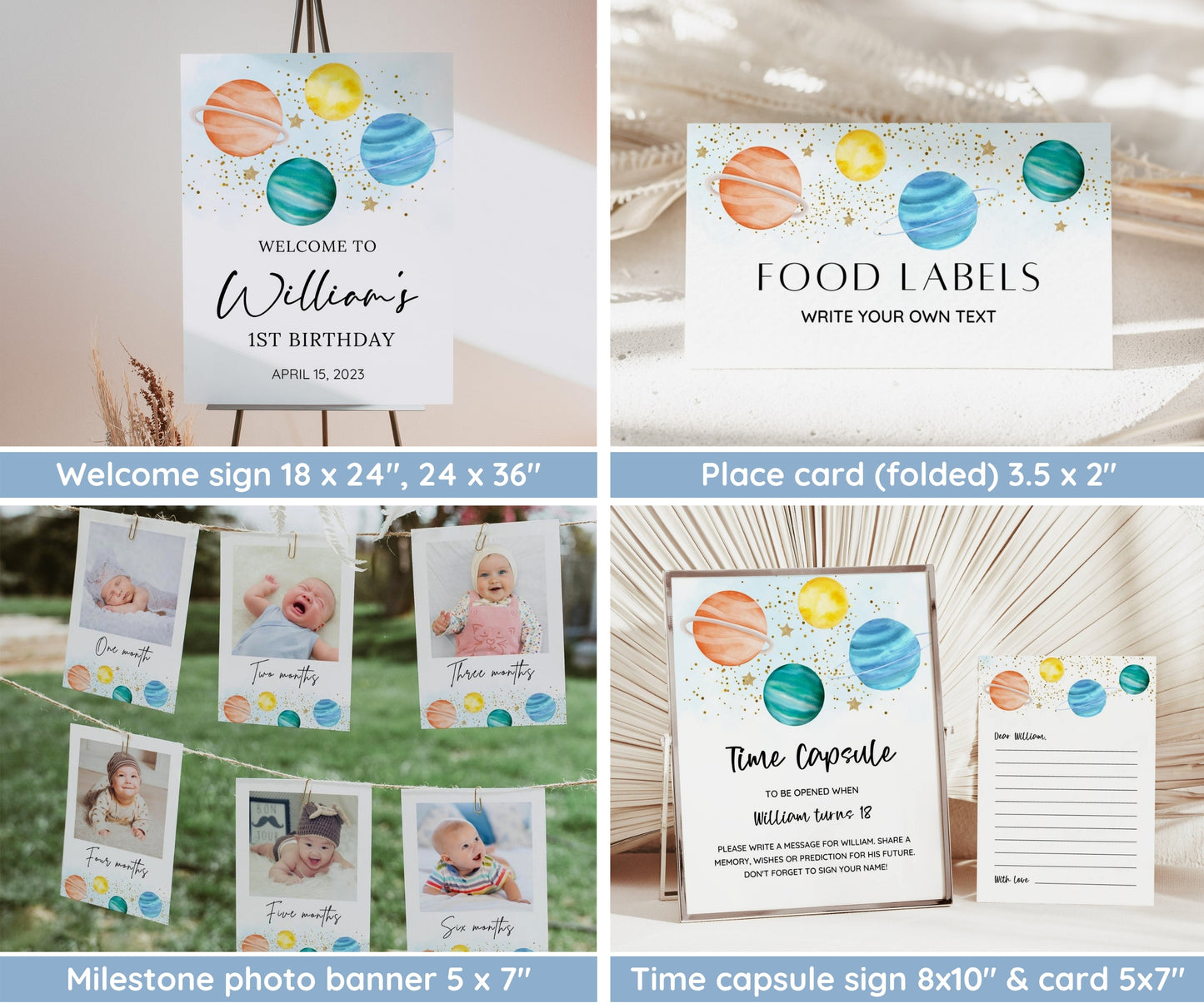 First Trip Around The Sun Birthday Invitation Bundle, Editable Space Invitation 1st Birthday, Space Birthday Decoration, First Birthday Boy