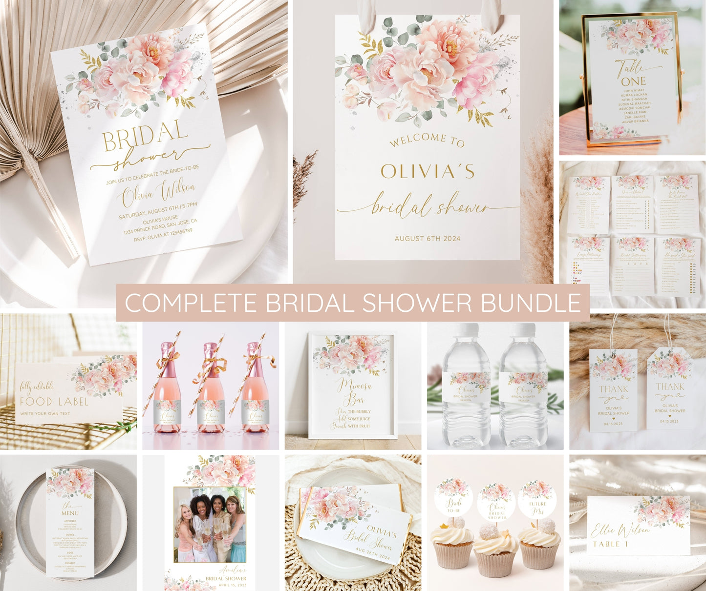 Blush Floral Bridal Shower Bundle | Pink Wedding Shower Invitation, Games & Sign | Editable Canva Template | Printable Instant Download