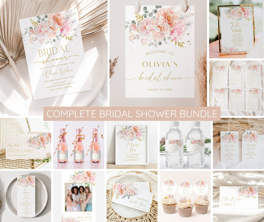 Blush Floral Bridal Shower Bundle | Pink Wedding Shower Invitation, Games & Sign | Editable Canva Template | Printable Instant Download