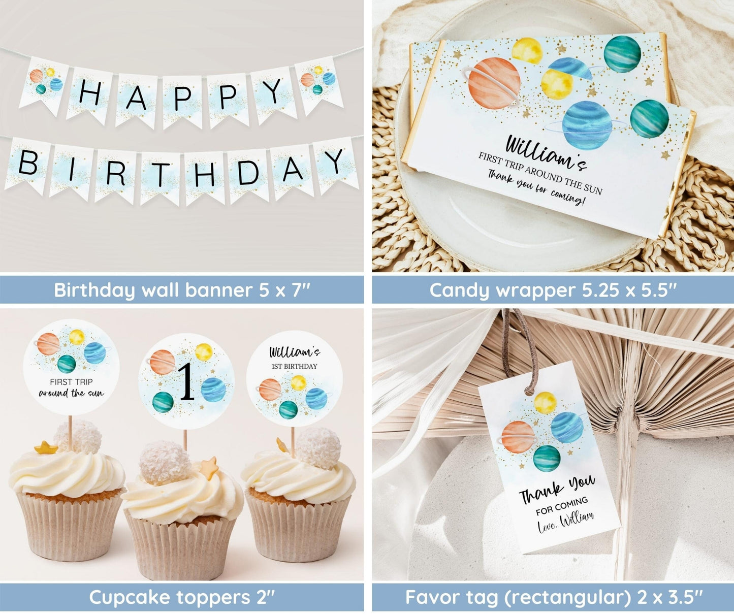 First Trip Around The Sun Birthday Invitation Bundle, Editable Space Invitation 1st Birthday, Space Birthday Decoration, First Birthday Boy