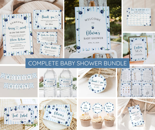 Blueberry Baby Shower Invitation Bundle, Berry Sweet Baby Shower Invite Set, Editable Template, Diaper Raffle, Books for Baby, Thank You Card