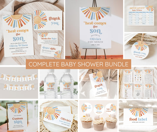 Sunshine Baby Shower Bundle – Here Comes the Son Boy Invitation & Games | Summer Baby Shower, Editable Template, Instant Download