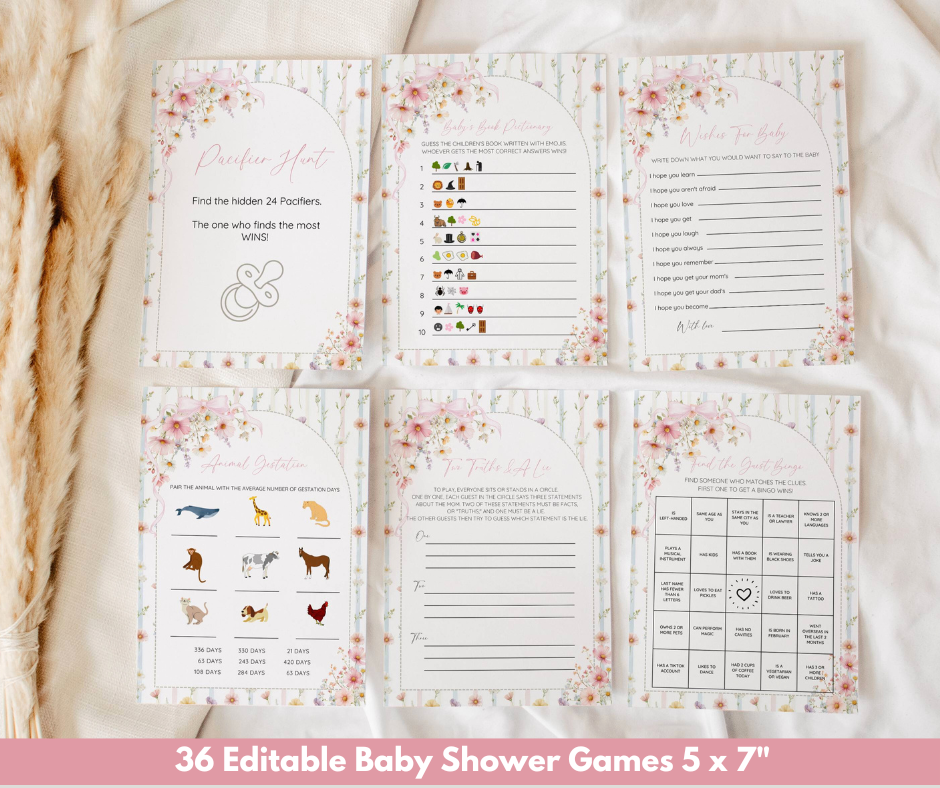 Wildflower Baby Shower Bundle, A Little Wildflower Is On The Way Invitation & Games, Floral Baby Sprinkle, Editable Canva Template Download