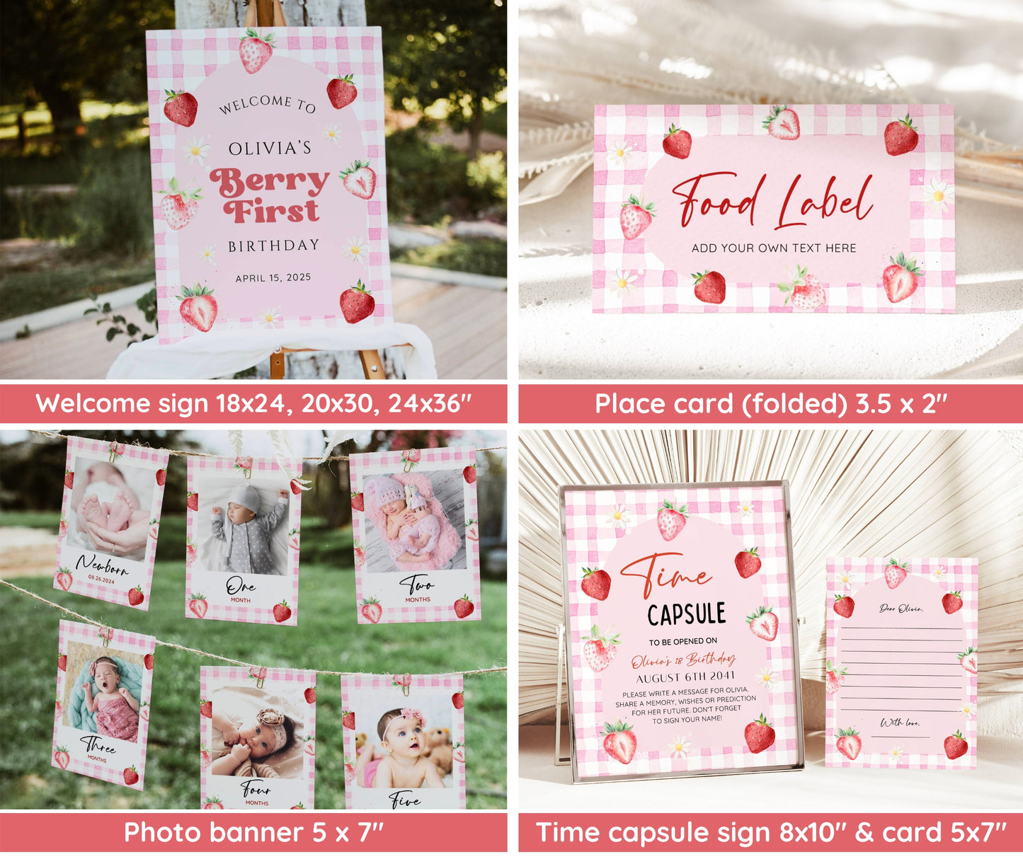 Pink Gingham Berry First Birthday Invitation Bundle, Strawberry 1st Birthday Invite Set, Berry Birthday Decor, 1st Birthday Girl, Editable