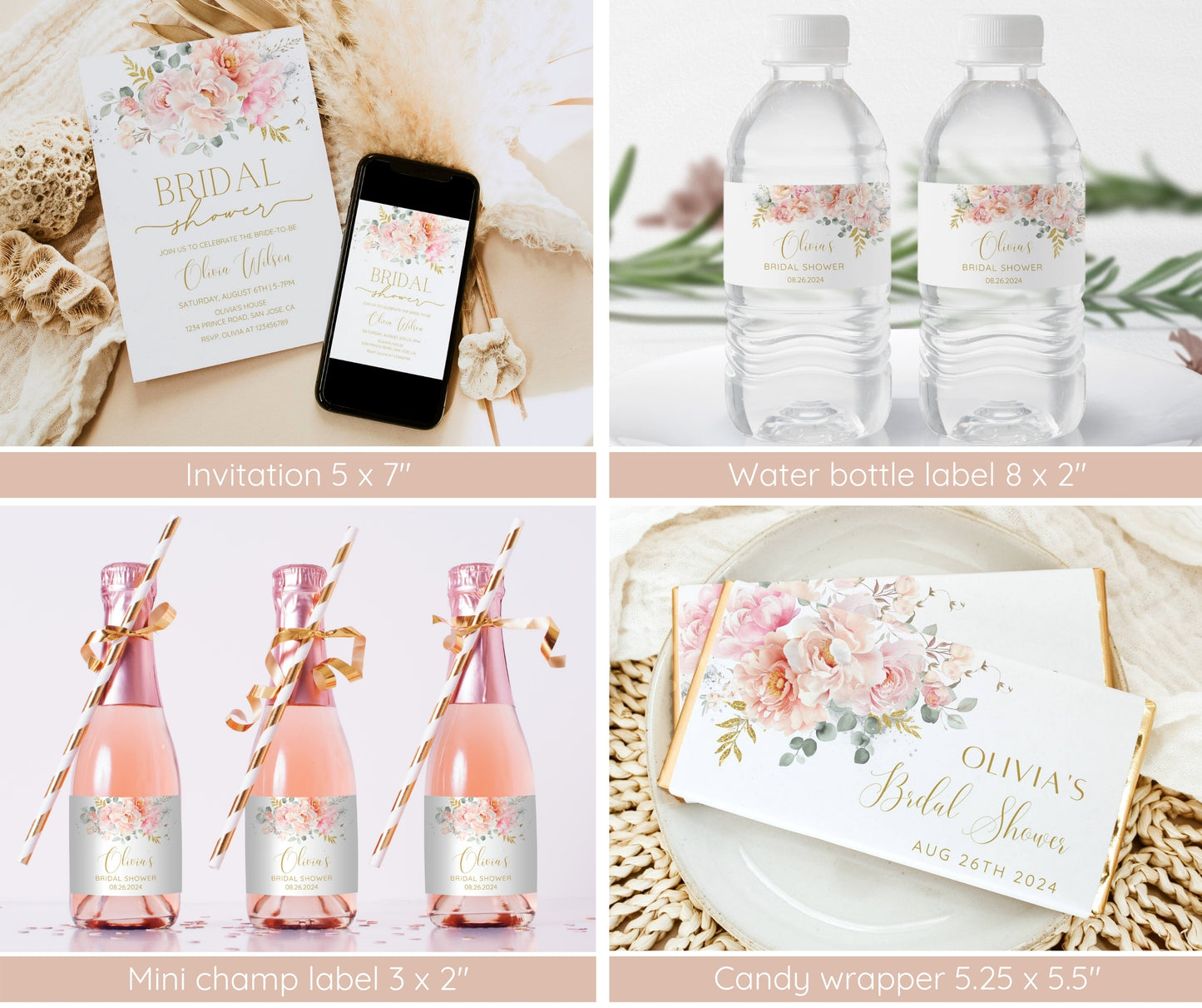 Blush Floral Bridal Shower Bundle | Pink Wedding Shower Invitation, Games & Sign | Editable Canva Template | Printable Instant Download