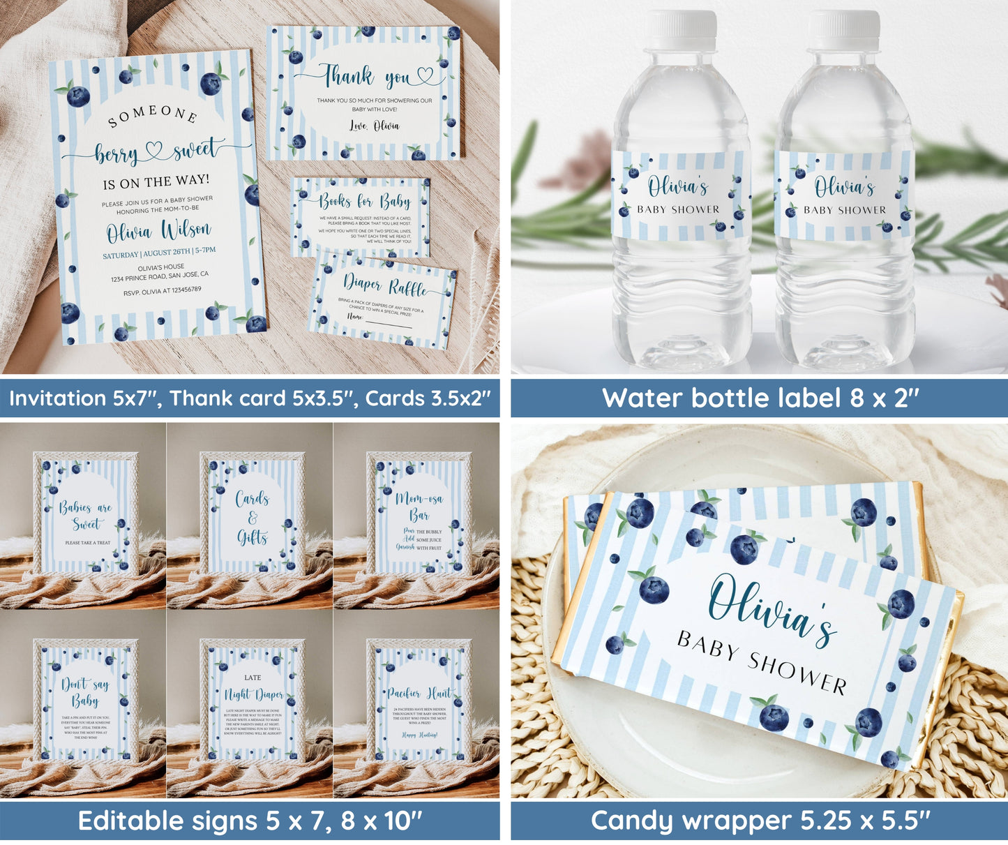 Blueberry Baby Shower Invitation Bundle, Berry Sweet Baby Shower Invite Set, Editable Template, Diaper Raffle, Books for Baby, Thank You Card