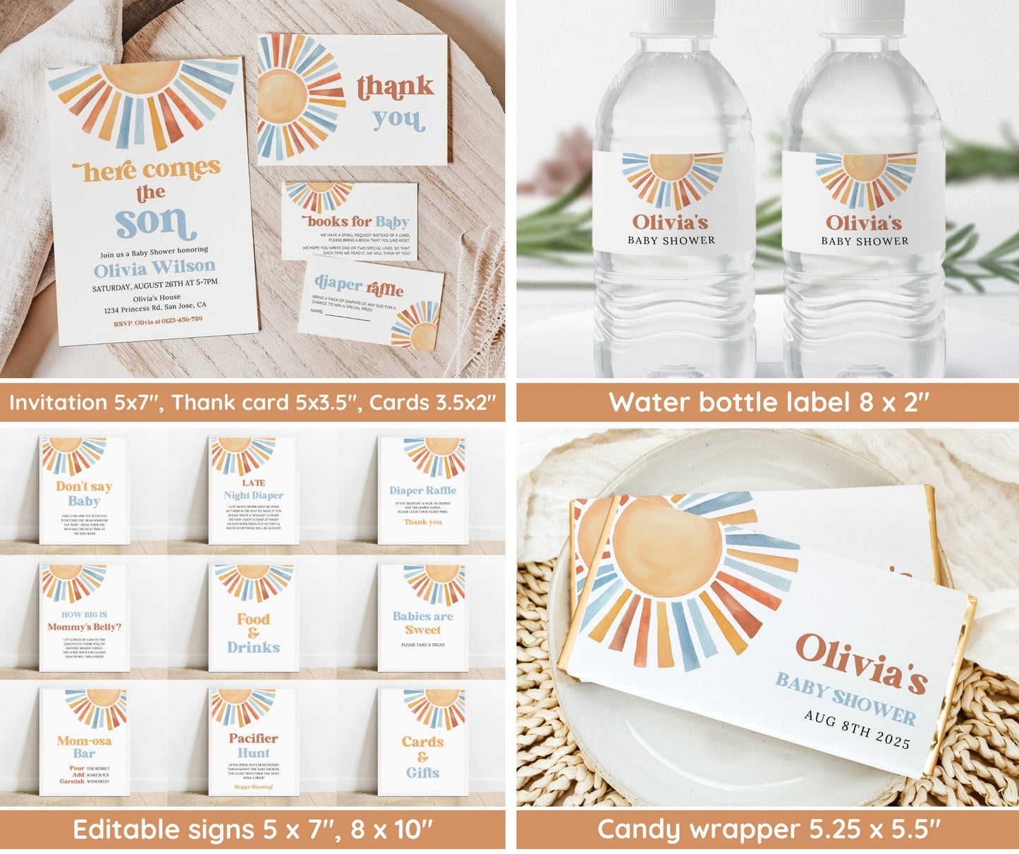 Sunshine Baby Shower Bundle – Here Comes the Son Boy Invitation & Games | Summer Baby Shower, Editable Template, Instant Download