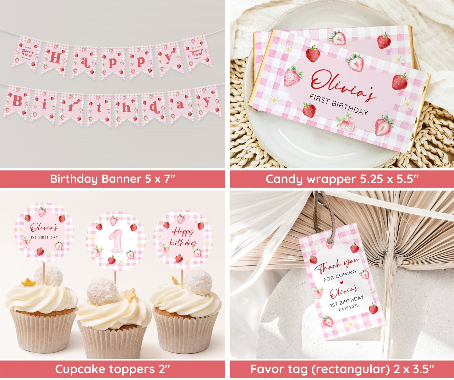 Pink Gingham Berry First Birthday Invitation Bundle, Strawberry 1st Birthday Invite Set, Berry Birthday Decor, 1st Birthday Girl, Editable