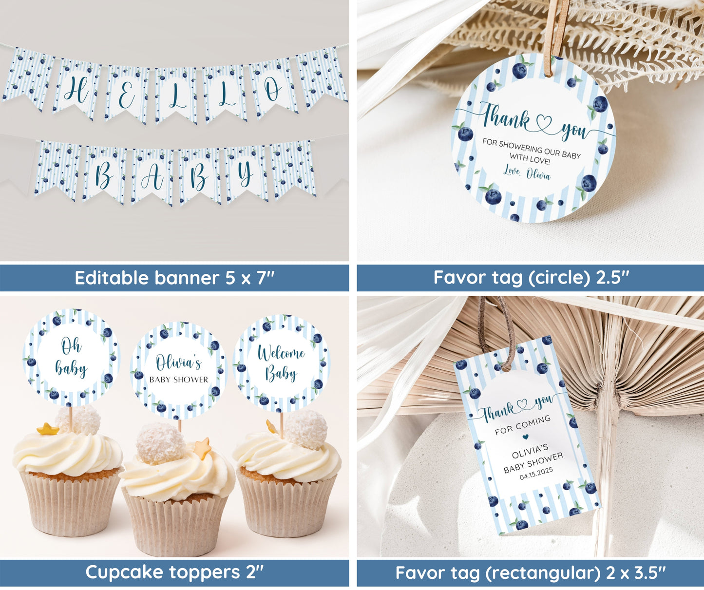 Blueberry Baby Shower Invitation Bundle, Berry Sweet Baby Shower Invite Set, Editable Template, Diaper Raffle, Books for Baby, Thank You Card