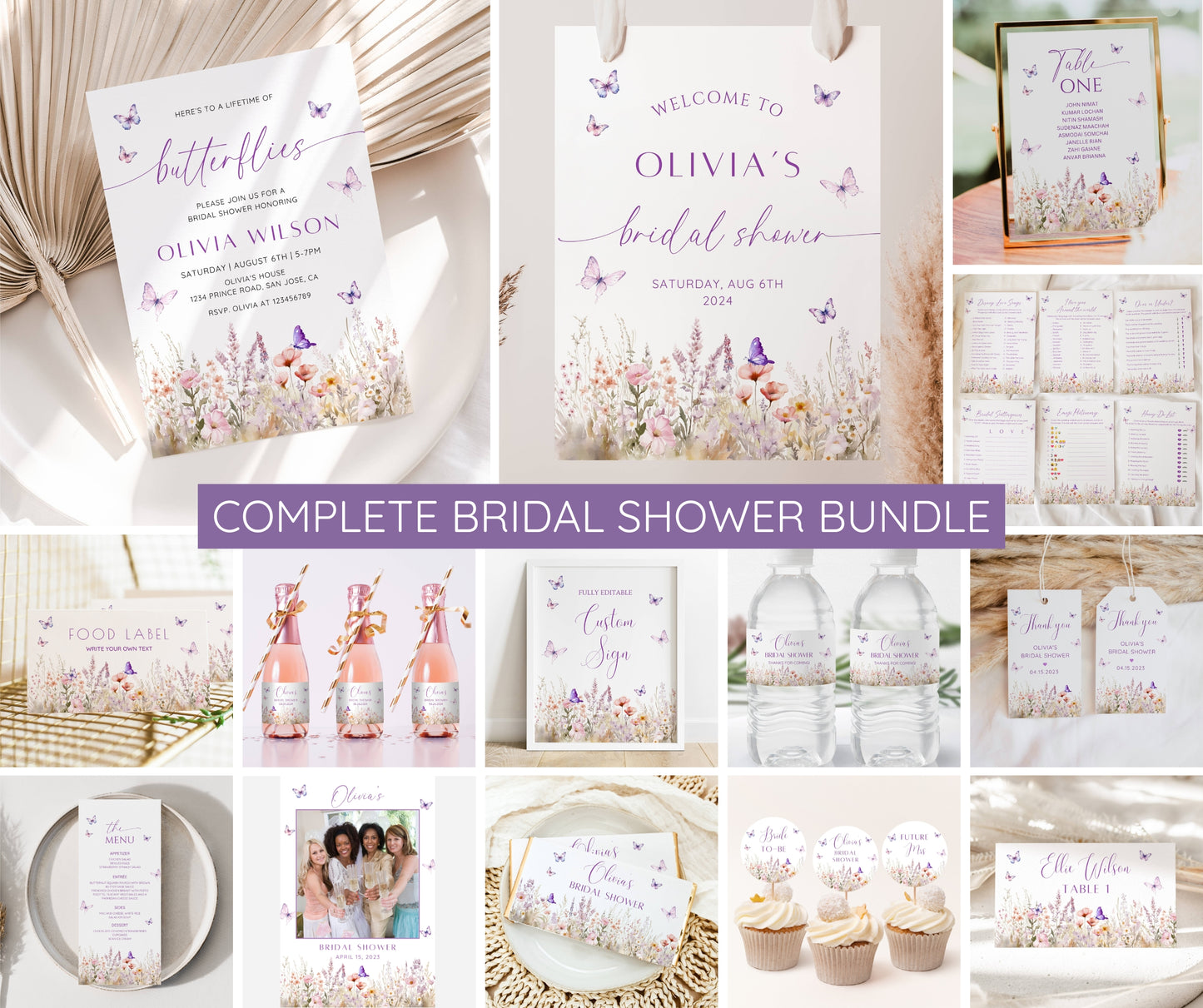 Lifetime of Butterflies Bridal Shower Bundle, Butterfly Bridal Shower Invitation & Games, Bridal Shower Decor Set, Editable Canva Template