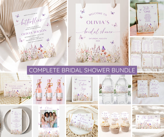 Lifetime of Butterflies Bridal Shower Bundle, Butterfly Bridal Shower Invitation & Games, Bridal Shower Decor Set, Editable Canva Template