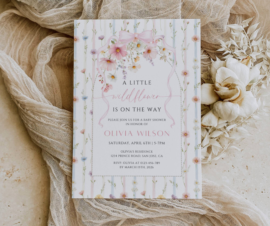 Wildflower Baby Shower Bundle, A Little Wildflower Is On The Way Invitation & Games, Floral Baby Sprinkle, Editable Canva Template Download