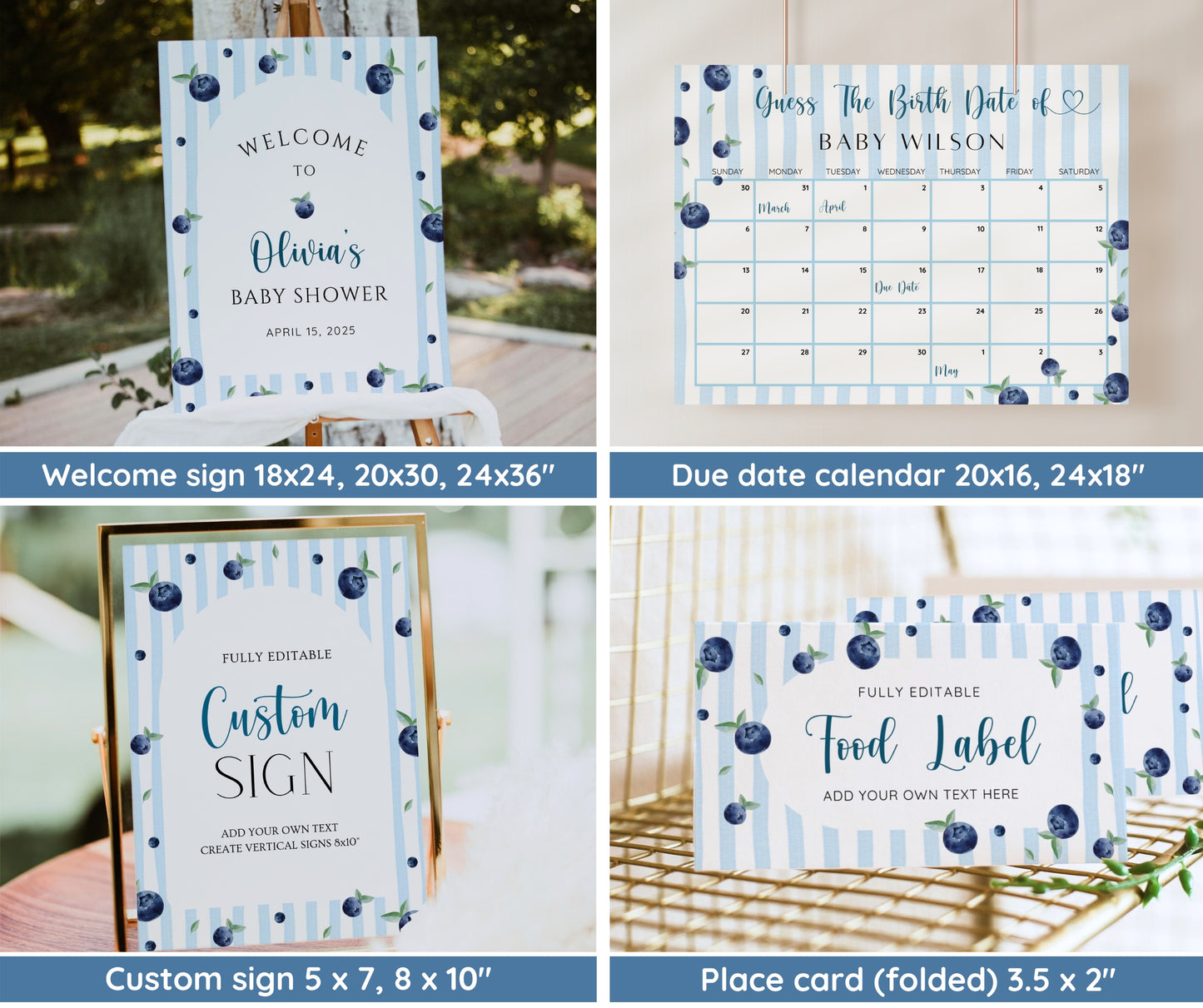 Blueberry Baby Shower Invitation Bundle, Berry Sweet Baby Shower Invite Set, Editable Template, Diaper Raffle, Books for Baby, Thank You Card