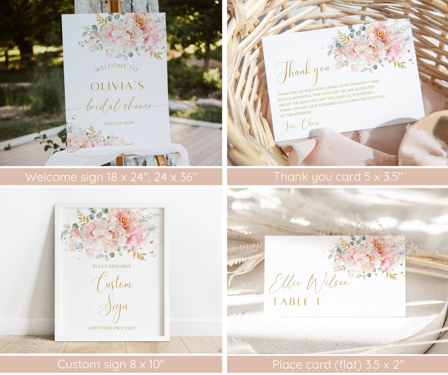 Blush Floral Bridal Shower Bundle | Pink Wedding Shower Invitation, Games & Sign | Editable Canva Template | Printable Instant Download
