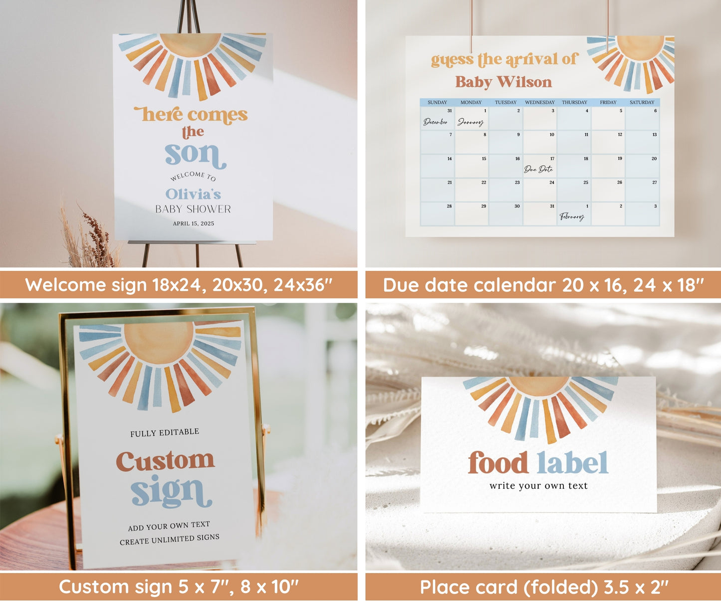 Sunshine Baby Shower Bundle – Here Comes the Son Boy Invitation & Games | Summer Baby Shower, Editable Template, Instant Download