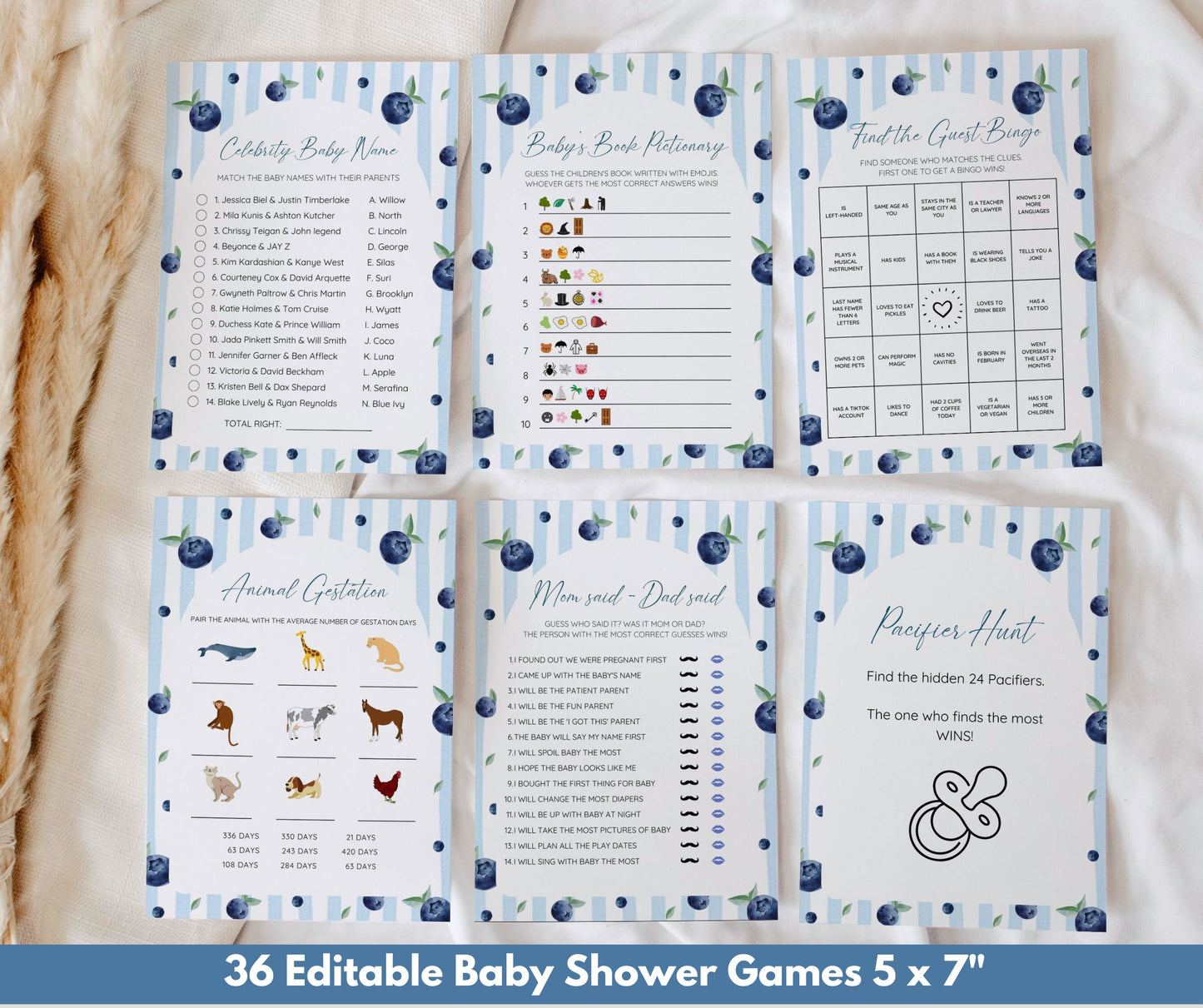 Blueberry Baby Shower Invitation Bundle, Berry Sweet Baby Shower Invite Set, Editable Template, Diaper Raffle, Books for Baby, Thank You Card