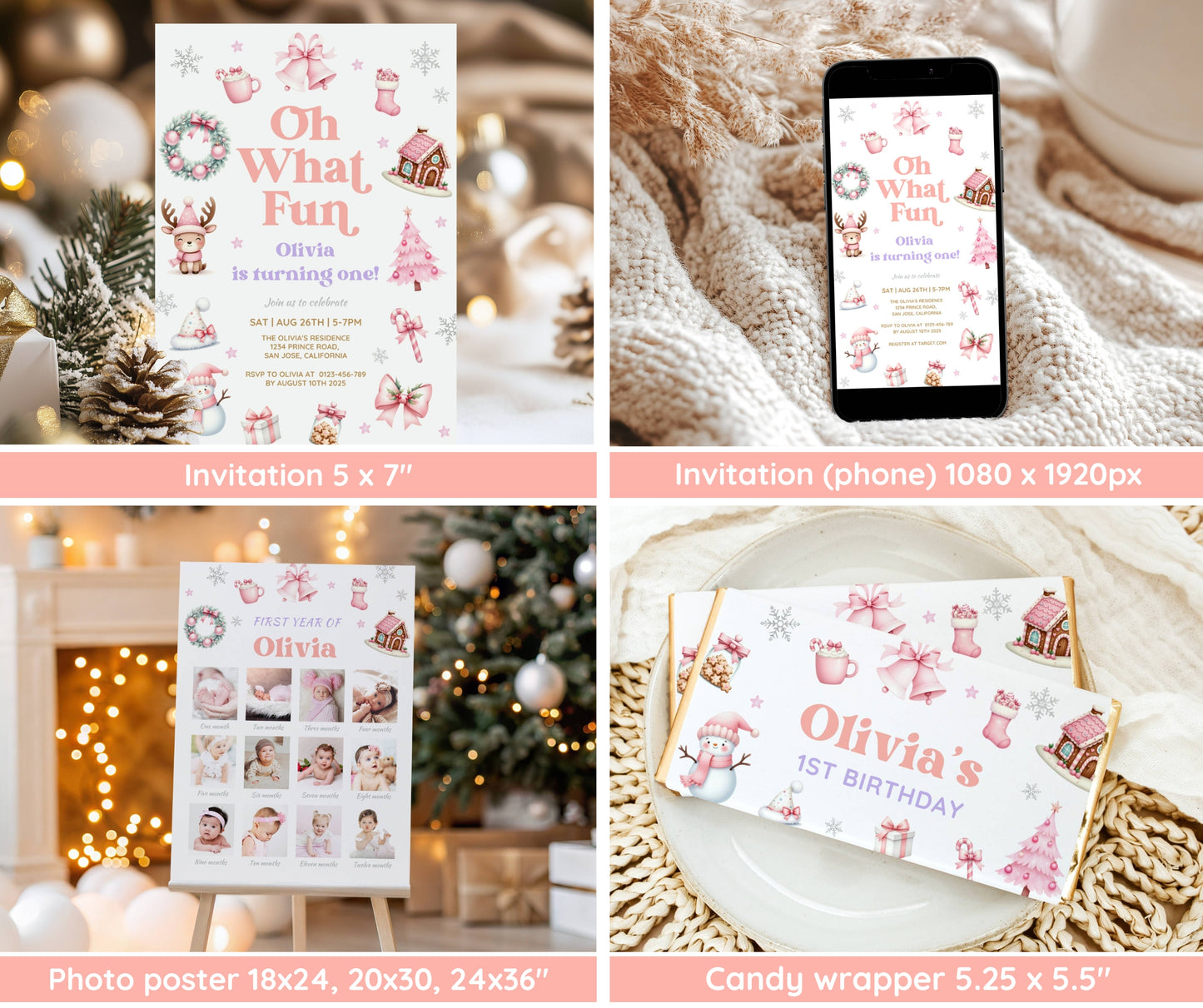 Christmas 1st Birthday Bundle, Oh What Fun It Is to Be One, Holiday Winter Girl Birthday Invitation & Decor, Pink December, Editable Template