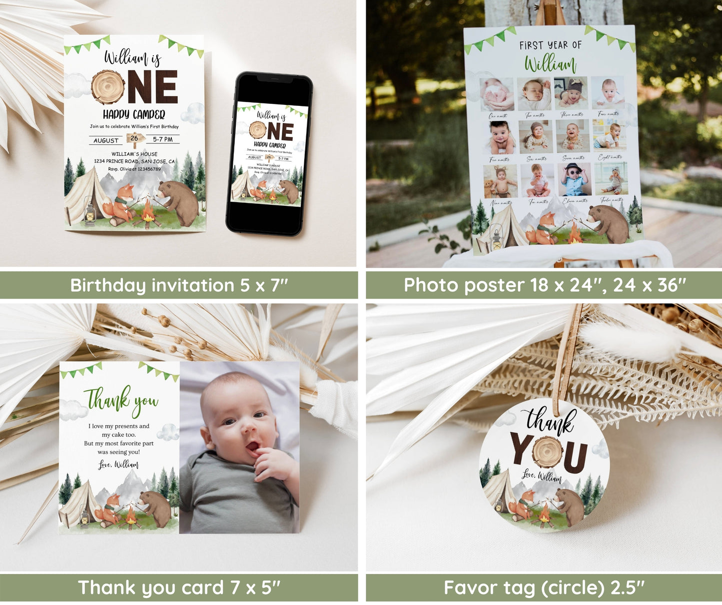 One Happy Camper First Birthday Bundle, Camping Birthday Invitation Template, Camper Party 1st Birthday Boy, Welcome, Milestone, EDITABLE