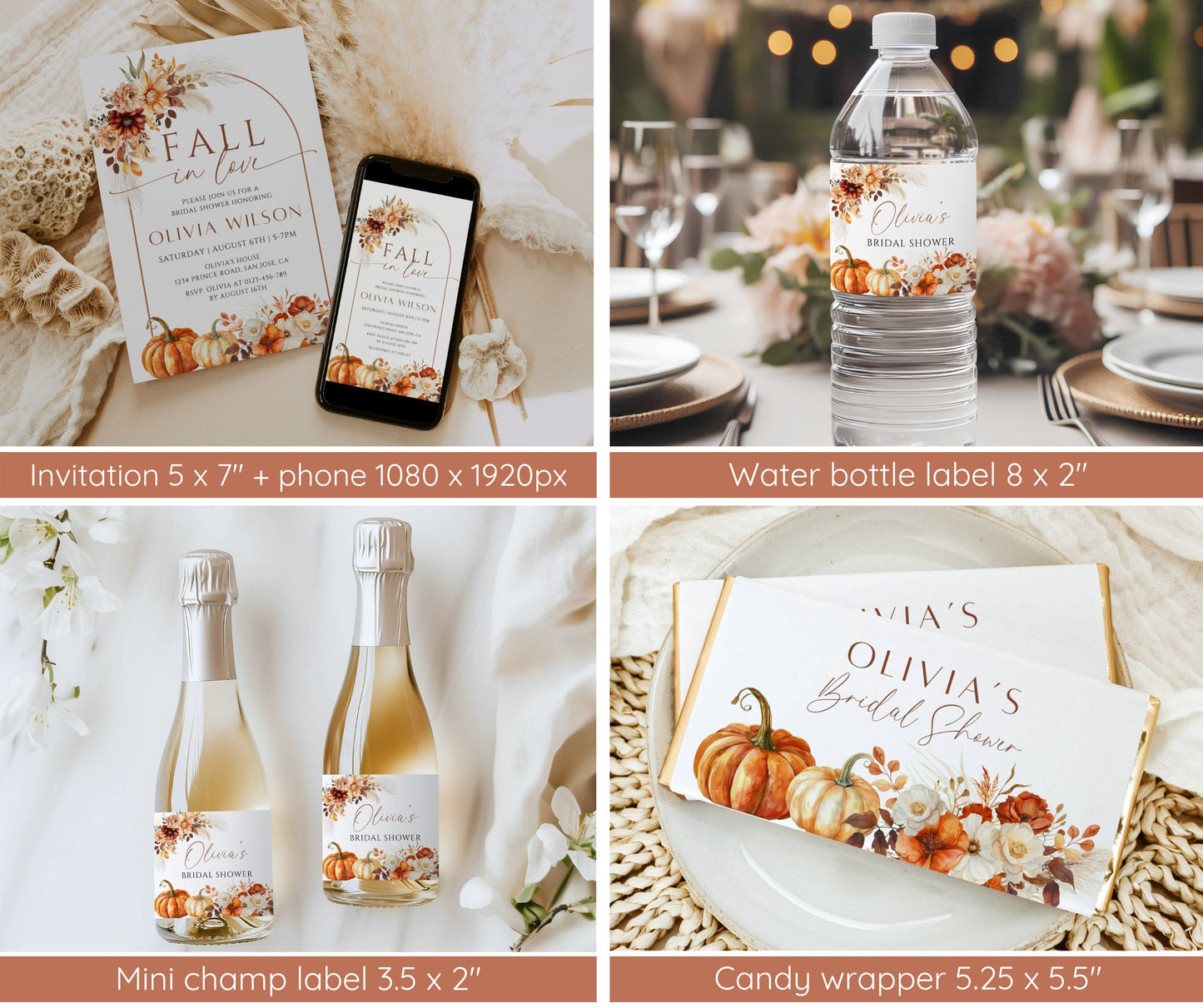 Fall in Love Bridal Shower Invitation Bundle, Pumpkin Bridal Shower Invite & Games, Pampas Floral Autumn Wedding Shower, Editable Template