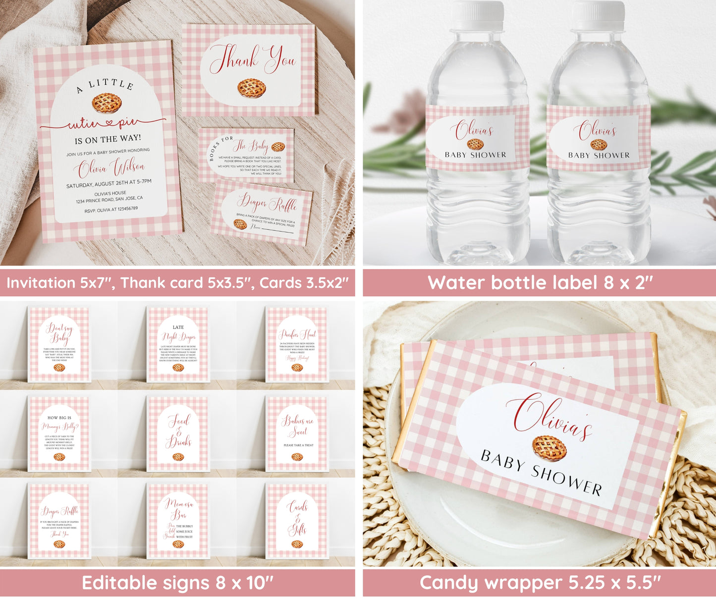 Cutie Pie Baby Shower Bundle Girl, Fall Baby Shower Invitation & Games, Pink Gingham Autumn Baby Shower, Editable Template, Instant Download