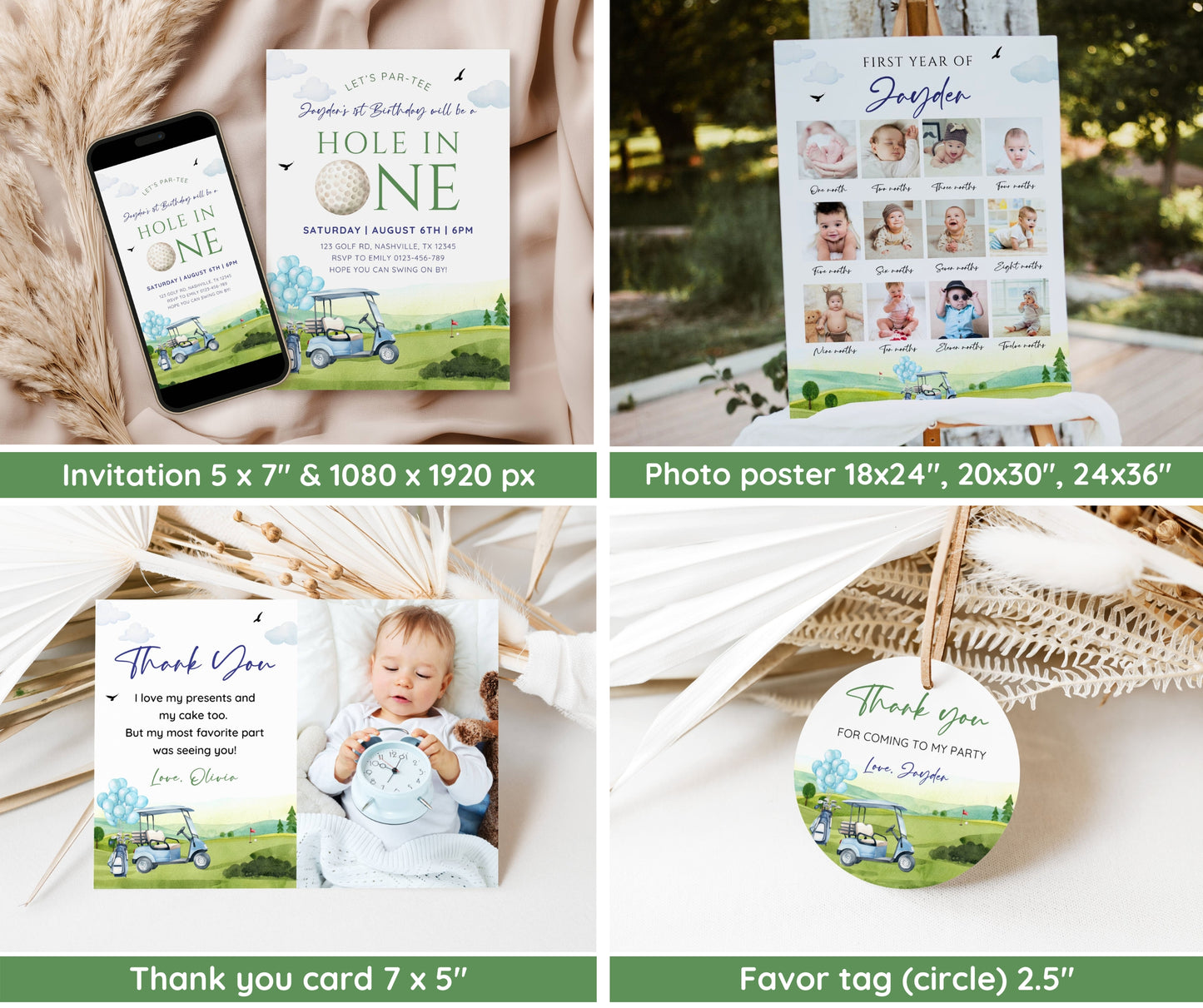 Hole in One First Birthday Invitation Bundle, Golf Par-Tee Invite Set for Boy, Milestone & Welcome Sign, Editable Template, Instant Download