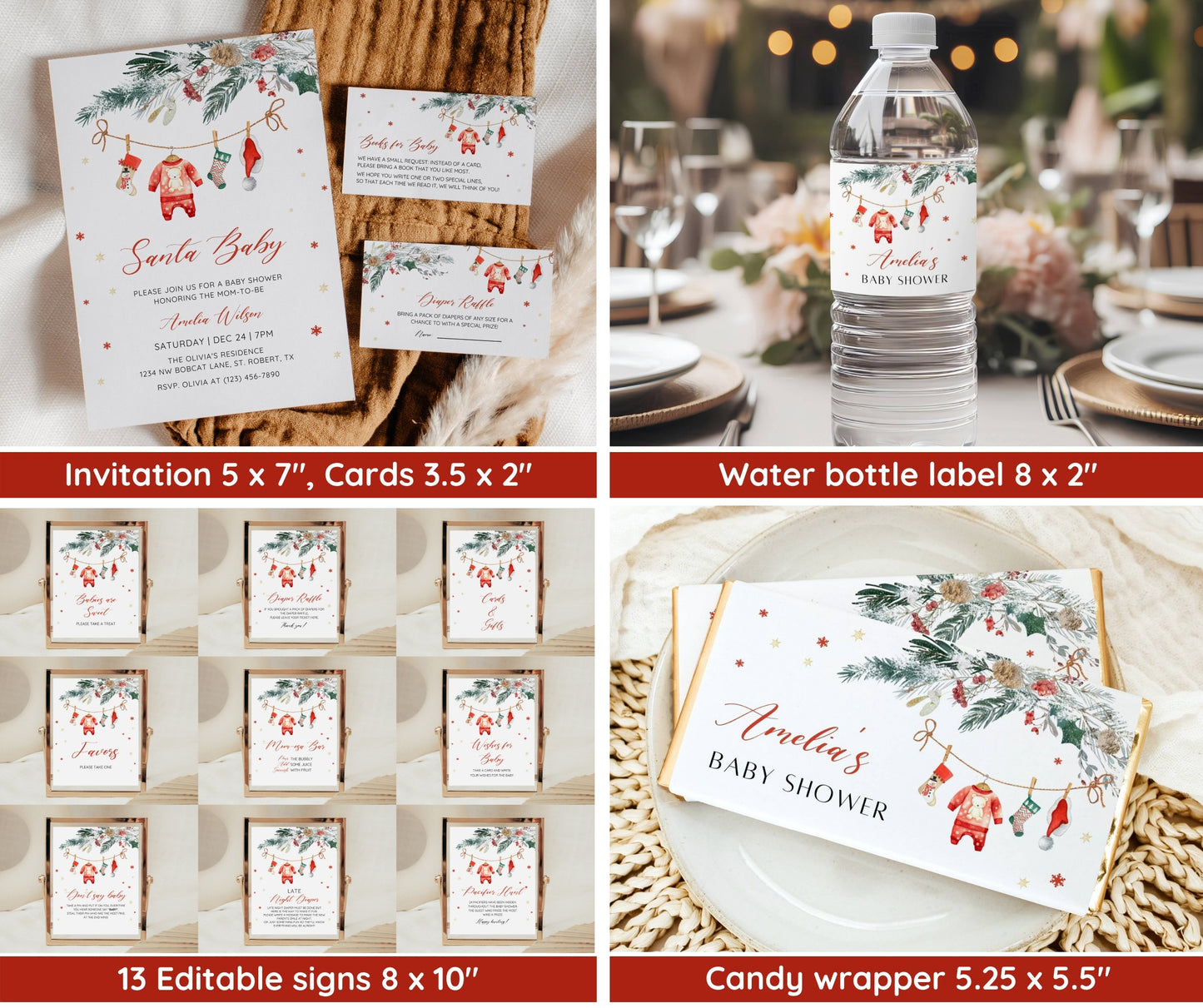 Santa Baby Shower Bundle, Christmas Baby Shower Invitation & Games, Holiday Winter Baby Sprinkle, Gender Neutral, Editable Canva Template
