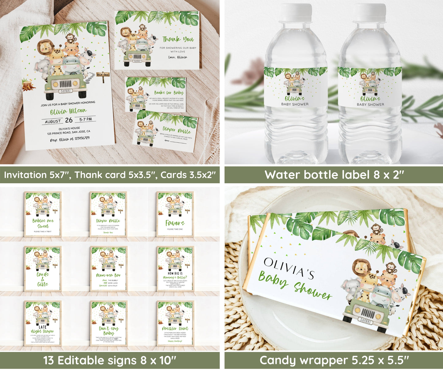 Safari Animal Baby Shower Bundle, Editable Safari Baby Shower Invitation Set, Jungle Animal Baby Shower, Boy Baby Shower, Digital Download