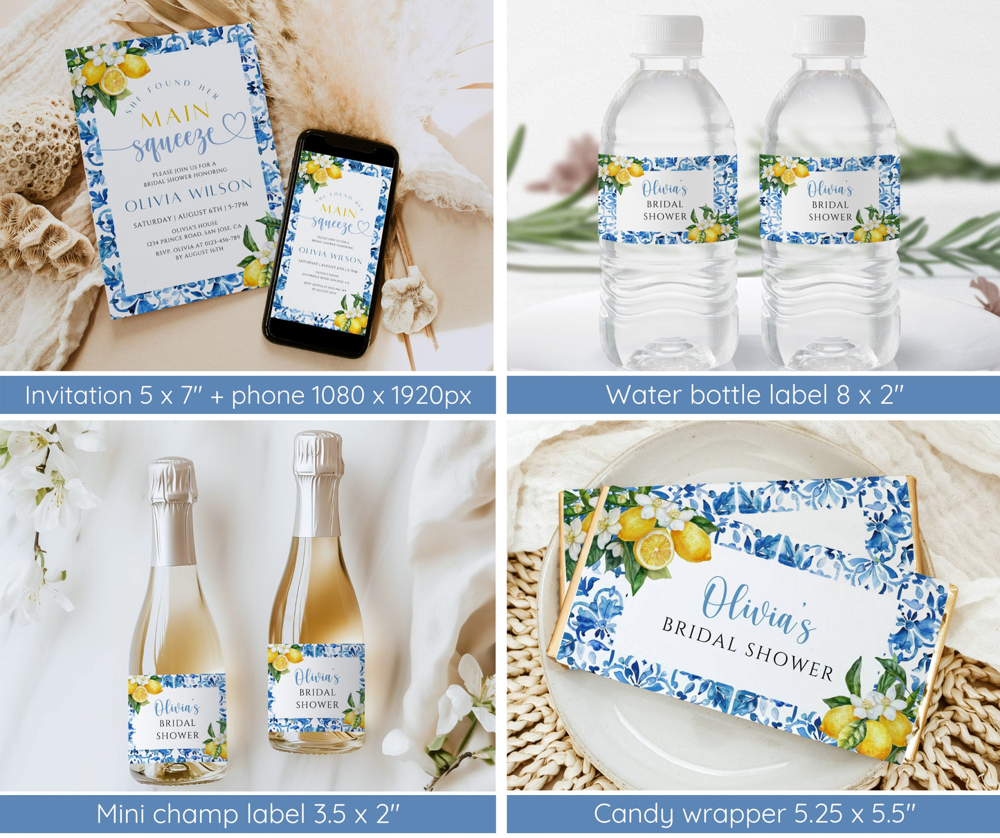 Mediterranean Lemon Bridal Shower Invitation Bundle, Main Squeeze Bridal Invite & Games, Italian Blue Tiles Amalfi Coast, Editable Template