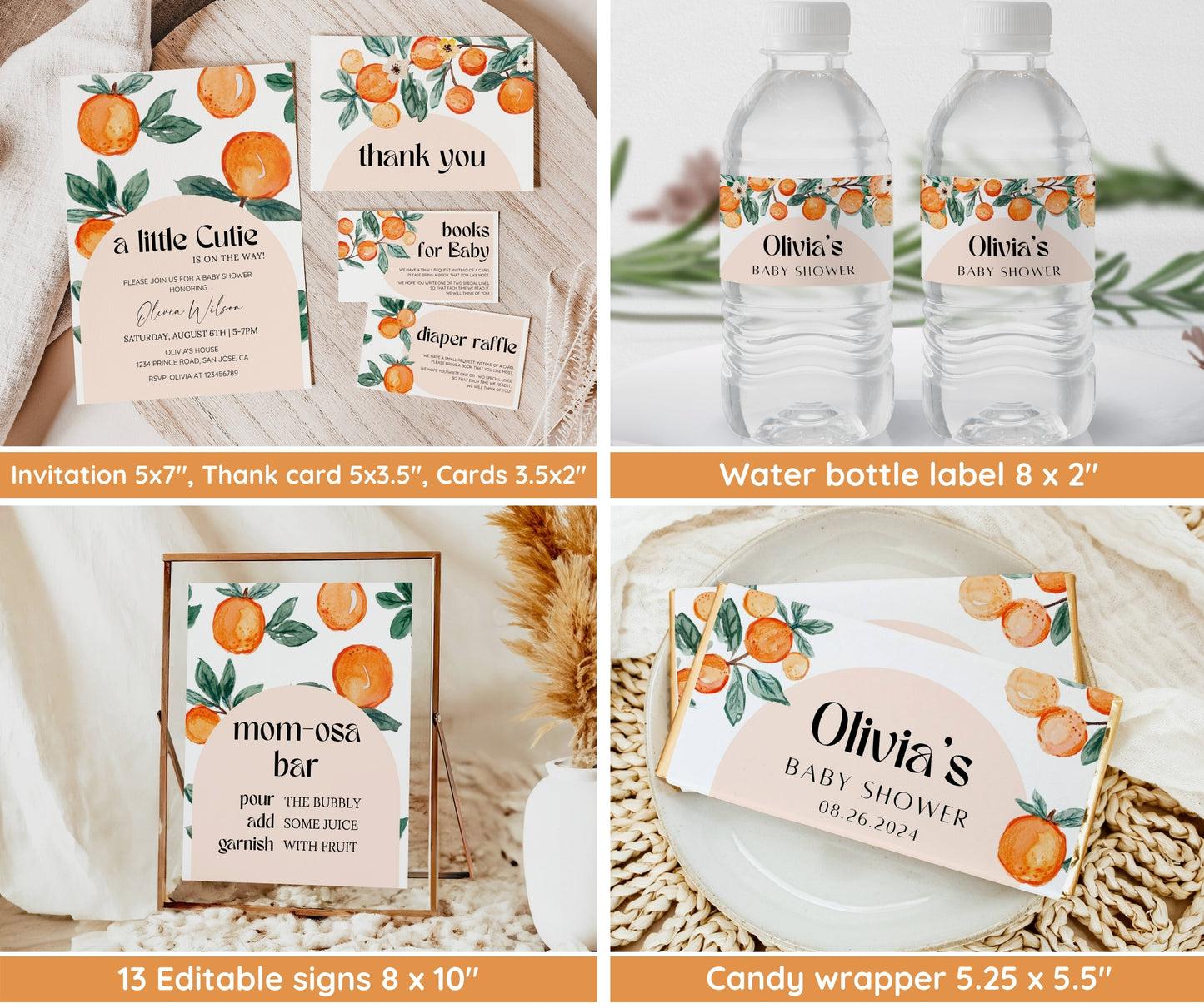 Little Cutie Baby Shower Invitation Bundle – Orange Citrus Clementine Invite Suite | Gender Neutral, Editable Template, Instant Download