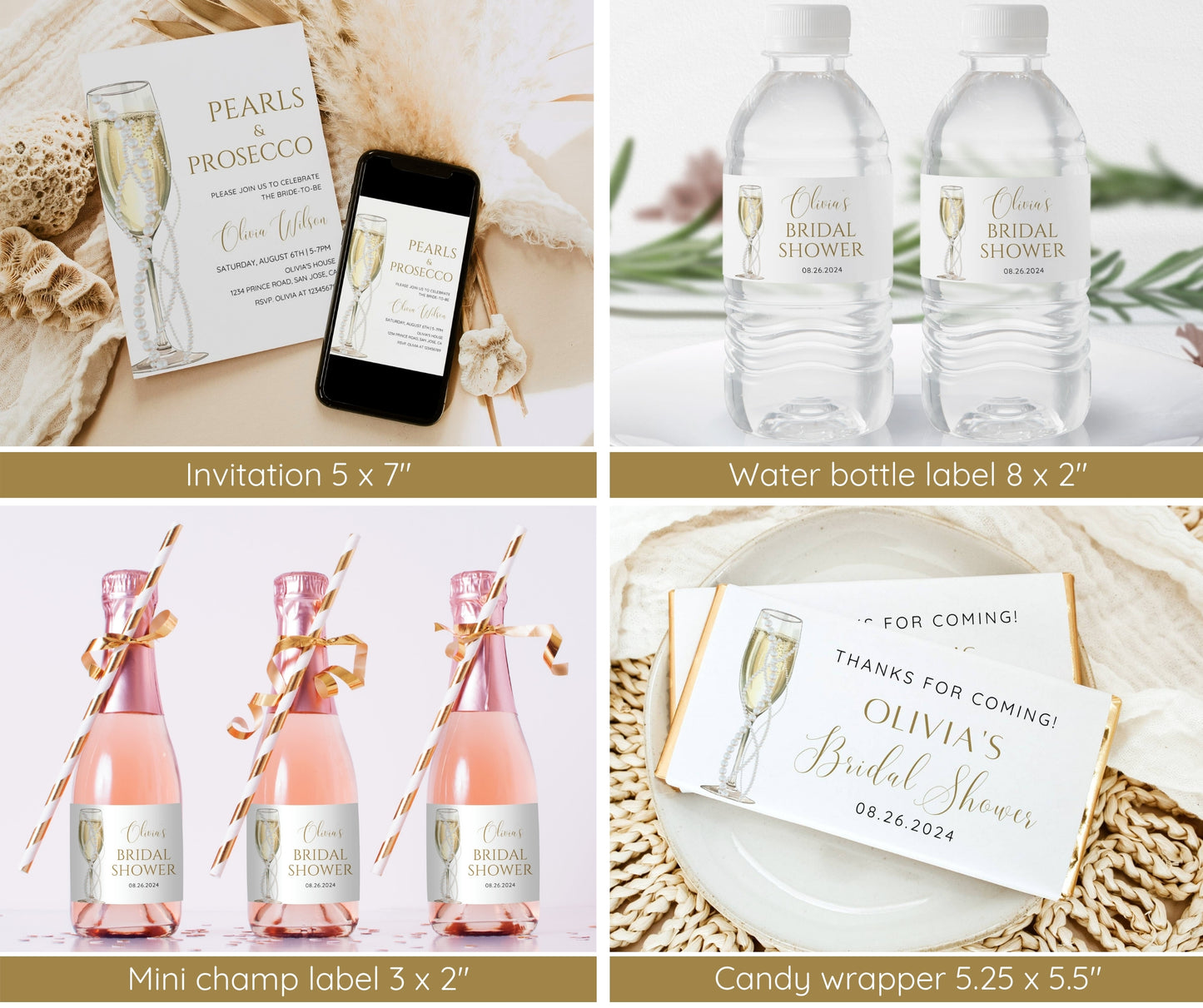 Pearls and Prosecco Bridal Shower Invitation Bundle, Minimalist Pearl Champagne Wedding Shower Invite Template, Welcome Sign, Games EDITABLE