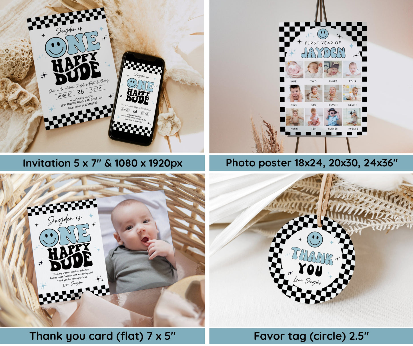 One Happy Dude Birthday Invitation Bundle, Editable Retro One Happy Dude First Birthday Invite Boy, Smiley Face Party Template Blue