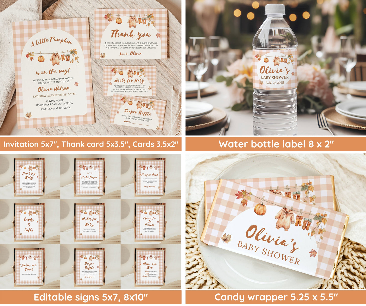 Little Pumpkin Baby Shower Bundle, Autumn Baby Shower Invitation & Games, Rustic Baby Clothes Line, Fall in Love with Baby, Editable Template