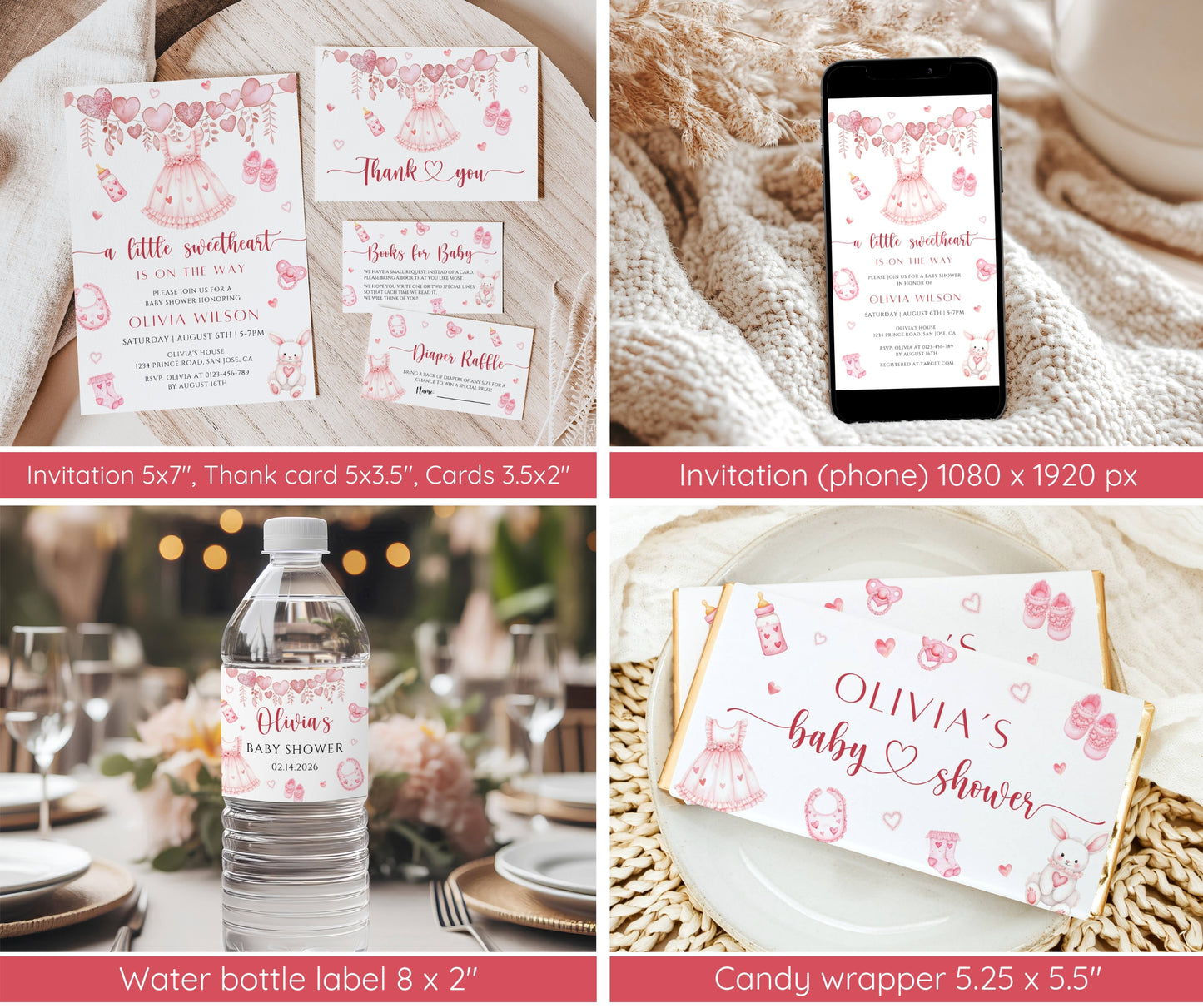 Little Sweetheart Baby Shower Bundle, Valentine Girl Baby Shower Invitation & Games, Heart Baby Sprinkle Decor, Editable Template, Download
