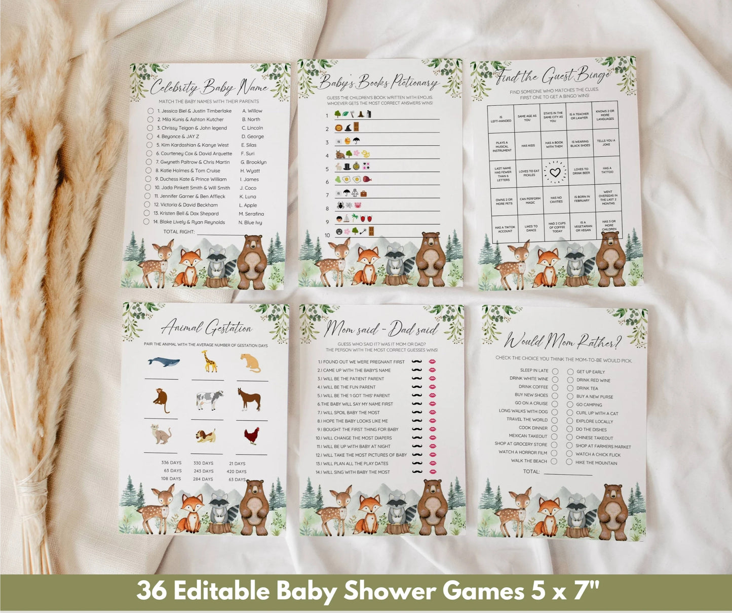 Woodland Baby Shower Bundle, Editable Woodland Animal Set, Baby Shower Invitation Game Pack, Woodland Animal Baby Shower, Gender Neutral